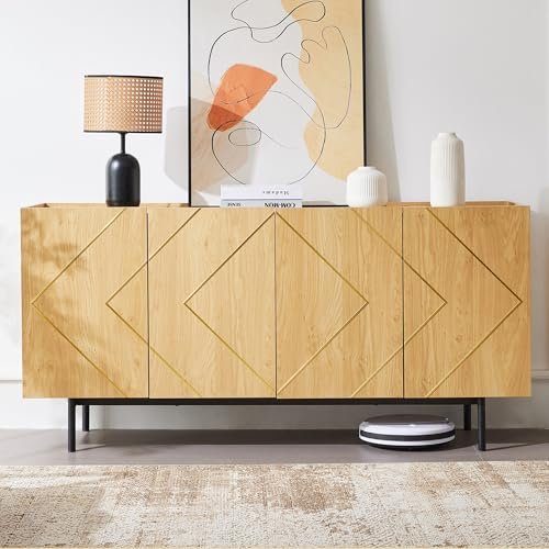LULUWA Sideboard Wohnzimmer, Buffet Schrank mit 4 Türen und Metall-Inlay Vielseitige Kommode Anrichte Beistellschrank Standschrank Naturholz Maße: 160x40x78cm