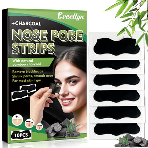 Eveellyn Mitesserentferner Stripes, Natürliche Bambuskohle Mitesser Strips, Zum Entfernen von Mitessern und Zum Freimachen verstopfter Poren, Für Männer und Frauen 10 Stück