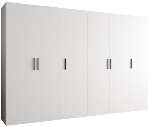 MEBLE KRYSPOL - Kleiderschrank - Garderobenschrank - 300 cm x 202 x 52 cm - Schrank mit Kleiderstange, 6 Türen - für Schlafzimmer, Flur - BARI, Weiß, Griff Schwarz