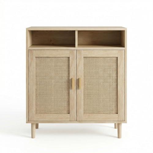 Zstar Aparador de ratán, Mueble de almacenaje Bohemio con estantes, Mueble Bar/credenza de Estilo rústico con 2 Puertas y 2 Compartimentos para salón, recibidor y Cocina.