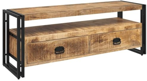 Owoxanthellate Mango Wood TV Stand 120x35x45 cm with Steel Frame, Vintage TV Cabinet Console with Two Drawers & Open Shelf, Low Entertainment Unit for Living Room or Bedroom