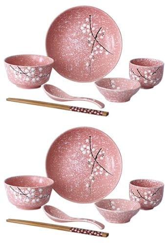 RUNROTOO Set di Piatti in Ceramica Giapponese Rosa 12 Pezzi per Casa e Hotel Design Delicato Stile Giapponese Kit Stoviglie Completo