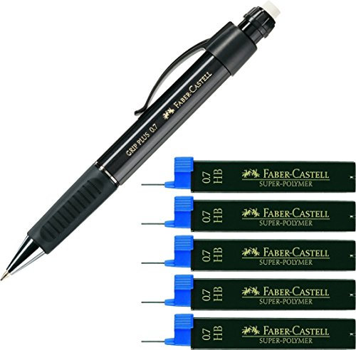 Faber-Castell 130733 - Druckbleistift GRIP PLUS, Minenstärke: 0,7 mm, Schaftfarbe: schwarz metallic + 5 x 12 Ersatzminen