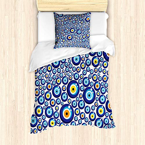 ABAKUHAUS Evil Eye Bettbezug Set für Einzelbetten, Turkish Traditional, Milbensicher Allergiker geeignet mit Kissenbezug, Blau Orange Gelb