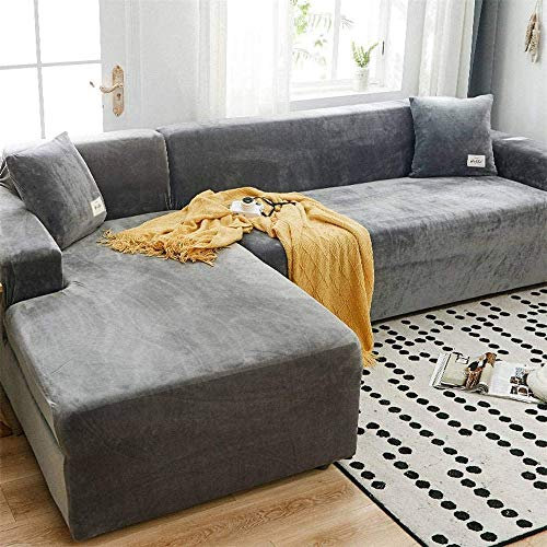 LINGKY Sofabezug Ecksofa L Form Stretch Samt Sofa Überzug Universal Couchbezug Für 1/2/3/4 Sitzer Waschbar Sofa Überwürfe (L Form Ecksofa Erfordert Zwei) - Sofabezug 1 Sitzer, Hellgrau