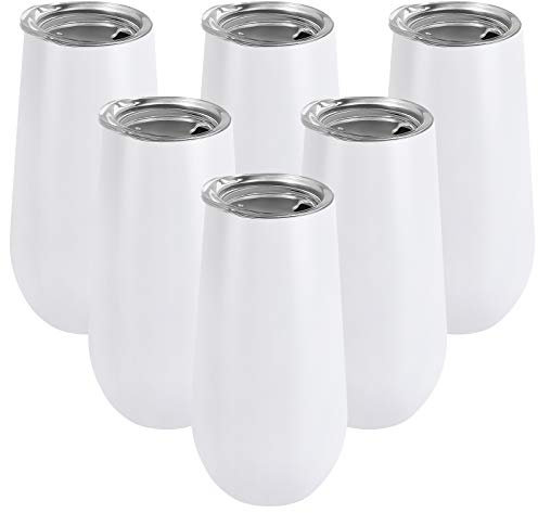 Lifecapido 6 Pack Stemless Double Insulated Champagne Flute Tumbler with Lid, 6 Oz Unbreakable Reusable Cocktail Champagne Toasting Glasses, Good Gift for Friends Family Christmas Birthday, White