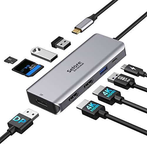 Selore&S-Global Dockingstation USB C Triple Display Dual HDMI Adapter, 9 in 1 USB C auf DisplayPort Adapter SD TF Kartenleser 2USB 2.0, 1 USB 3.0, 100W PD für Dell XPS 13/15, Lenovo Yoga, Huawei Mateb