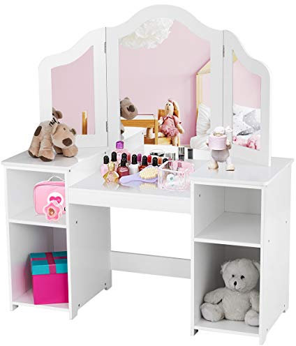 COSTWAY 2 in 1 Kinder Schminktisch Schreibtisch mit abnehmbarem Spiegel, Frisiertisch Mädchen mit offenen Fächern, Frisierkommode Holz, Schminkkommode (Ohne Stuhl, Weiß)