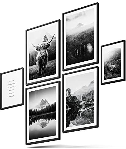 BLCKART Hochland Kuh Bilder Set Stilvolle Beidseitige Highlands Bilderwand Natur Wohnzimmer Deko Berge Poster Schwarz Weiß (M | 4x A4 | 2x A5 | ohne Rahmen, Hochland Kuh)