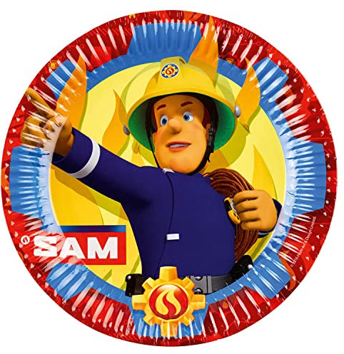 amscan 9902175-66 – Lot de 8 assiettes en papier, diamètre 23 cm, Sam le pompier, assiettes en carton, assiettes jetables, anniversaire d'enfant