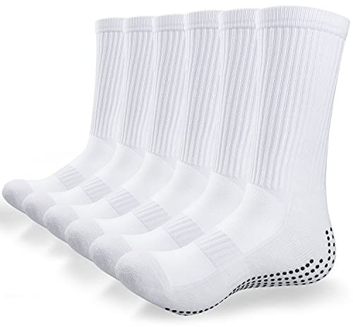 Fußballsocken, Grip Socken Fussball [Atmungsaktiv & Schweißfest] Rutschfeste Sportsocken Anti-Rutsch Wandersocken Gepolstert Crew Kompressionsstretch Athleticsocke für Basketball Wandern Laufen 3 Paar
