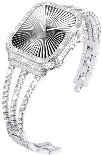 KADES Compatible for Apple Watch Band with Case Series 3 2 1, Sparkling Bling Diamond Bracelet with Full Diamonds Protective Bumper Built-in Tempered Glass Screen Protector (42mm, Silver)