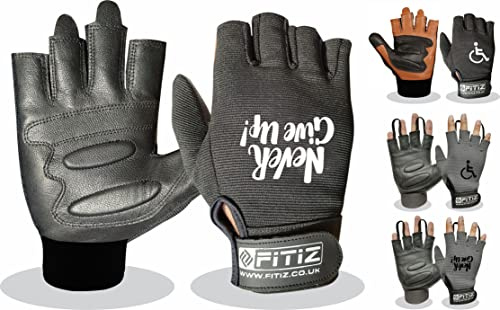 FITIZ Rollstuhlhandschuhe aus echtem Leder, gepolsterte Handschuhe, atmungsaktiv, fingerlos, Fahrradhandschuhe mit rutschfestem Griff, leichte Fahrradhandschuhe