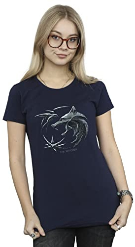 Absolute Cult Netflix Women's The Witcher Wolf Logo T-Shirt Navy Blue Large