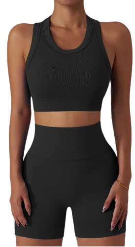 Workout-Sets für Damen, 2-teilig, nahtlos, gerippt, Tank-Top, Sport-BH, hohe Taille, Biker-Shorts, Fitnessstudio, Yoga, Übungen, Outfits, Schwarz, Medium