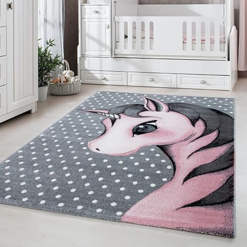 Carpetsale24 Runder Kinderteppich Einhornmotiv Ø160 cm – Großer Spielteppich für Mädchen – Hautsympathisch & Traumhaft