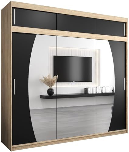 MEBLE KRYSPOL Elypse 250 Schlafzimmerschrank mit DREI Schiebetüren, Spiegel, Kleiderstange und Regalen – 250x240x62cm - Sonoma + Mattschwarz mit Verlängerung