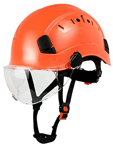 Orange Hard Hat mit Visier ANSI Z89.1 genehmigt, bequemes 6-Punkt-Geschirr für Bauarbeiten, Outdoor-Arbeiten (Orange 01)