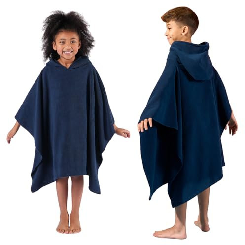Brentfords Kids Poncho Towel Short Sleeve Quick Dry Absorbent Beach Swim Childrens Travel Wrap Hooded Holiday Spa Pool Kid Dry Changing Robe - Navy
