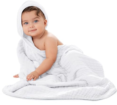 Comfy Cubs Baby-Kapuzenhandtuch aus 9-lagigem Musselin-Baumwollhandtuch, groß (81 cm x 81 cm), ultraweich, warm und saugfähig. Ideal für Babys, Unisex, in Weiß (1 Stück)