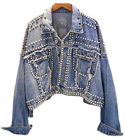 Damen-Jeansjacke mit Nieten, lose Oberbekleidung für Damen, lässig, kurze Jeans