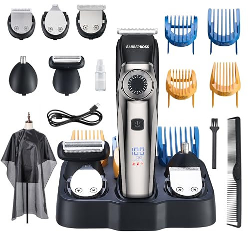 BarberBoss Haarschneider - Bartschneider für Männer, Nasenhaartrimmer, 39 Schnittlängen, Kammaufsätze, Präzisionswahlrad, Keramikklinge, Wasserdichtes Design, LED-Anzeige, QR-6083