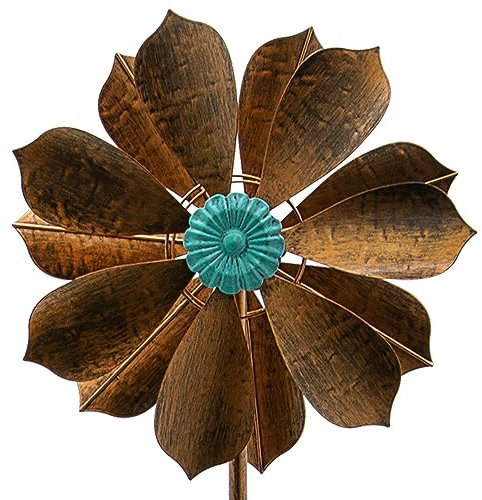 HAFIX Windrad Windnarzisse 3D Optik Ø38cm. Windspiel für den Garten aus Metall. Windmühle mit Höhenverstellung dekorativ einzigartiger Blickfänger, wetterfest. Farbe türkis & Kupfer Höhe 125cm.