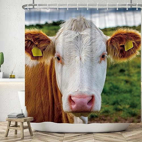 ASDCXZ Lustig Duschvorhang 180x180 cm, Lustig Kuh Kopf Bad Waschbar Duschvorhänge Polyester Textil Wasserdicht Badevorhang für Badewanne mit 12 Haken