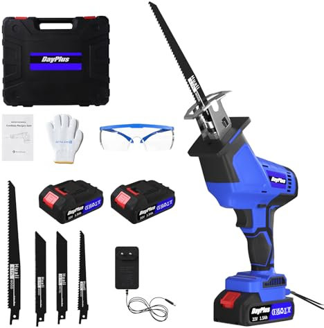 21V Sierra Sable Inalámbrica,Sierra Alternativa de 2 Baterías，Cargador Rápido,0-2800RPM Velocidad Controlada Con Bloqueo De Seguridad e Iluminación Led, 4 Hojas de Sierra Para Cortar Madera y Metal