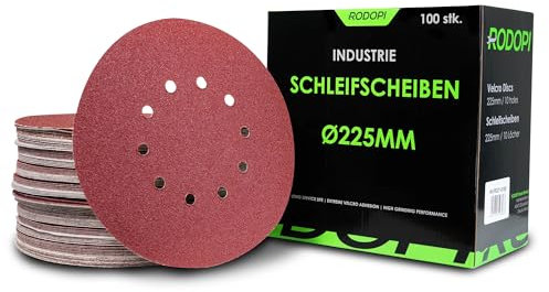 RODOPI Klett Schleifpapier 225mm RedDevil Schleifscheiben für Trockenbauschleifer K40-320 Exzenterschleifer 10 Loch Klettscheibe Zirkonium Korund - 50 Stück K180