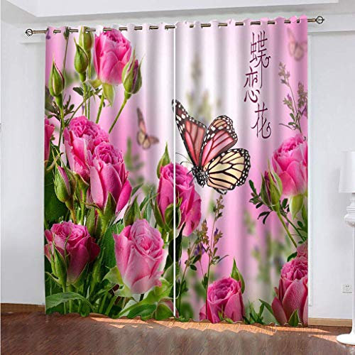 Blickdichte Vorhänge Mit Motiv 3D Rosa Blumen Schmetterling Kinder Gardinen Blickdicht Ösen Gardine Thermo 264x214 cm Schlafzimmer Kinderzimmer Vorhänge Dekoratives Muster, Verdunklungsvorhänge