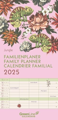 GreenLine - Jungle 2025 Familienplaner, 22x45cm, Familienkalender mit effizienter Monatsaufteilung in 5 Spalten, für Familienorganisation, Schulferien und Stundenpläne, mit Spiralbindung