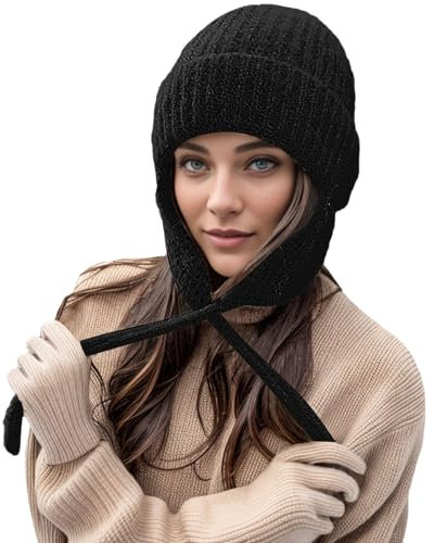 Warme Gestrickte Beanie Mütze mit Ohrenklappen für Damen Mädchen, Winter Strick Ohrenschützer Hut mit 3 Pompons, Mode Bommel Mütze Ski Snowboard Hüte mit Ohrenwärmer, Geschenk