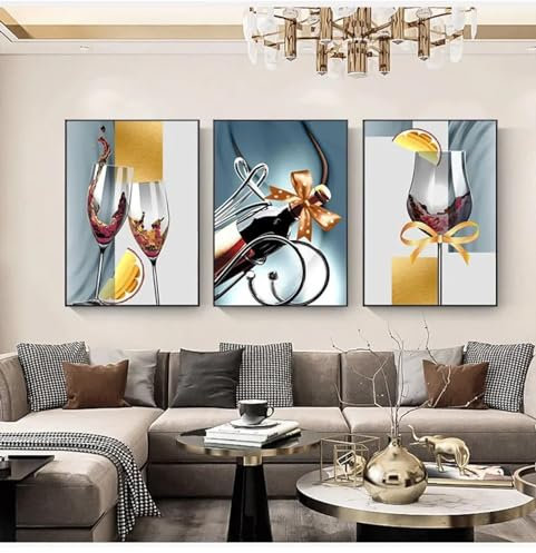 BIEMBI Modern Canvas Wall Art Bicchiere di vino Immagini di vino rosso 3 pezzi Tela Pittura Poster e stampe per soggiorno Decorazioni per la casa 60x80cmx3 Senza cornice