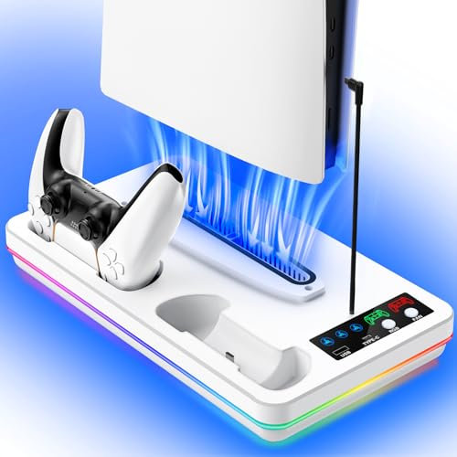 PS5 Slim Stand Kühlstation, Dual PS5 Controller Ladestation für Playstation 5 Konsole, 3 Level Cooling Fan für PS5 Slim Disc/PS5 Disc und Digital, Unterstützung