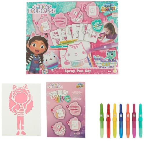 Gabby's Dollhouse - Spray Pen Set (GD23364) - Kit de Stylos Pulvérisateurs pour Colorier et Dessiner - 7 Stylos et 6 Pochoirs pour Créer des Couleurs et des Dessins Uniques