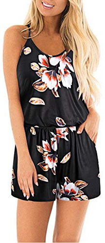 STYLEWORD Jumpsuit Damen Sommer Kurz Ärmellos Blumen Overall Spaghettiträger Strampler mit Tasche(Floral9-401,Groß)