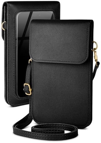 moex Handytasche zum Umhängen für Fairphone 5 kleine Handtasche mit Handyfach und Sichtfenster, 2 extra Fächer Mini PU Leder Handy Umhängetasche Damen CitySling, Schwarz