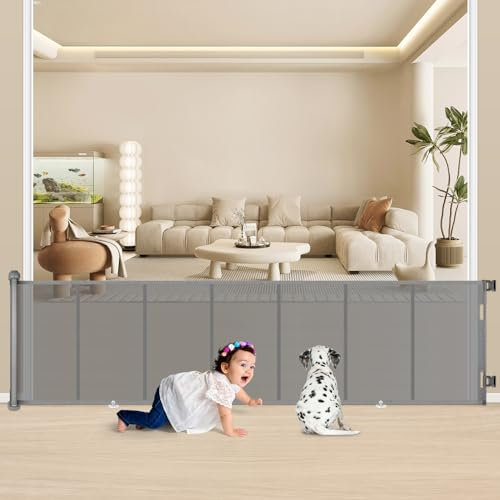 MYPIN Extra Wide Retractable Baby and Dog Gate - Pressure Fit Safety Gate for Stairs and Indoor Use - Grey (300 X 86 CM)