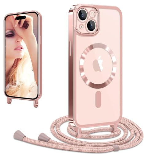 CaseLover Magnetic Cover Compatible with iPhone 15 with Lanyard, Rose Gold | Case with Strap Necklace Adjustable Shoulder Strap, Soft TPU Silicone Case, Shockproof Transparent Protective Cover with