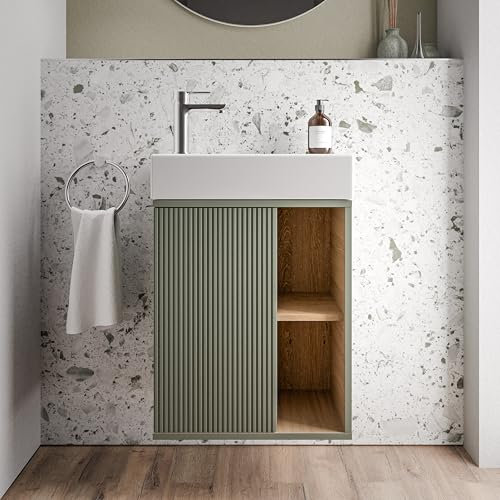 BERNSTEIN - Petit meuble vasque suspendu salle de bain MDF lavabo céramique DURAVIT 1 porte charnière à gauche + 2 cases rangement - Vert Jade mat - 55x24x59cm - BELDIVO