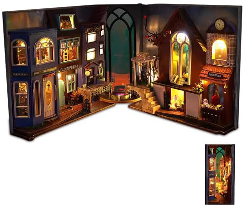 YANGUN DIY Book Nook Kit, 3D Puzzle Holz Buchstütze, DIY Miniatur Haus mit LED-Licht, Puppenhäuser Miniatur Haus Kit, Bücherregal Miniaturszenen, Modellbausätze für Erwachsene zum Bauen (Magic Spell)