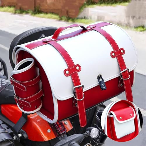 VAEVEN Hecktasche für Vespa GTS GTV 250 300, Leder Wasserdichter Retro Motorrad Tasche, Große Kapazität Aufbewahrungstasche, Zubehör, C Weiß + Rot