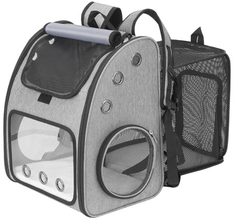 FASRIOU Erweiterbar Katzenrucksack Hunderucksack für Große Katzen und Kleine Hunde, Faltbare Katzen Rucksack bis 12kg mit Innerer Sicherheitsleine, Haustier Rucksack mit Fenster, Grau, XL