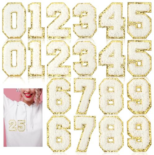 Molain 20 Pcs Patches Number Chenille for Clothing, Self Adhesive Embroidery 0-9 Number Patches with Glitter Sequins 2.2 Inch Iron On Numbers Patches for Team Uniform Sports T-Shirt Jeans Bags Decos
