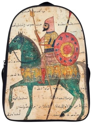 KWFYBEHZ Arabian Ritter Rucksäcke Kinder Schulrucksack Einstellschnalle Schultasche 3D-gedruckte Speer und Schild Schultaschen Für Grund- Und Mittelschüler 16inch