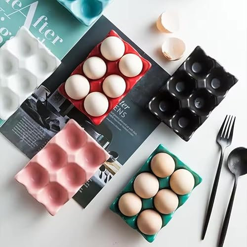 NEBAI'S KITCHEN - Porcelain Egg Holder/Tray for Fridge - 6 Cups/Half Dozen Ceramic Container(Storage Organizer; Decorative Serving Dish; Serveware for Refrigerator; Kitchen Countertop Display) (Black)