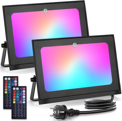 Aigostar RGB Strahler 50W,LED Strahler Außen mit Fernbedienung,6 Strobe Modi,DIY Modi,Timing,dimmbar LED Fluter mit Stecker,IP65 wasserdicht Flutlicht für Garten,Party,Halloween,1,5 m Kabel,2 Stück