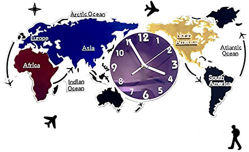 NNYCC Große Weltkarte Wanduhr, Moderne Acryl Hängende Stille Uhr Kunst Wand Dekor für Wohnzimmer Schlafzimmer Heimbüro,Multi Colored,L