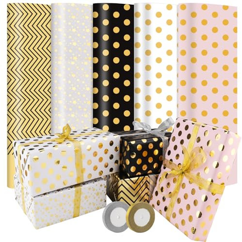 Diealles Shine 5 Rollen Geschenkpapier Set, 43cm x 3m Geschenkpapier Rolle, Geschenkpapier Geburtstag, Geschenkpapier Kinder (Runden)